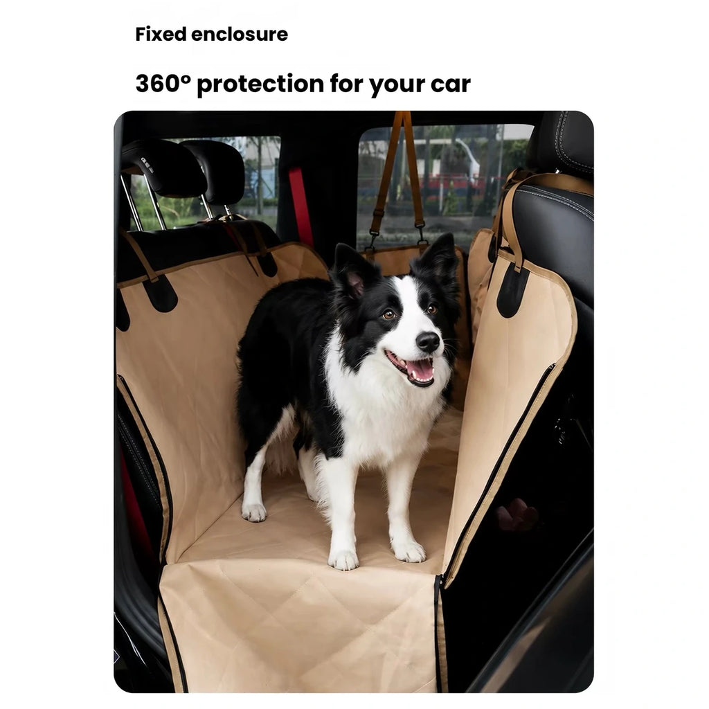 Dog sitting on the Touchdog car seat cover in a back seat