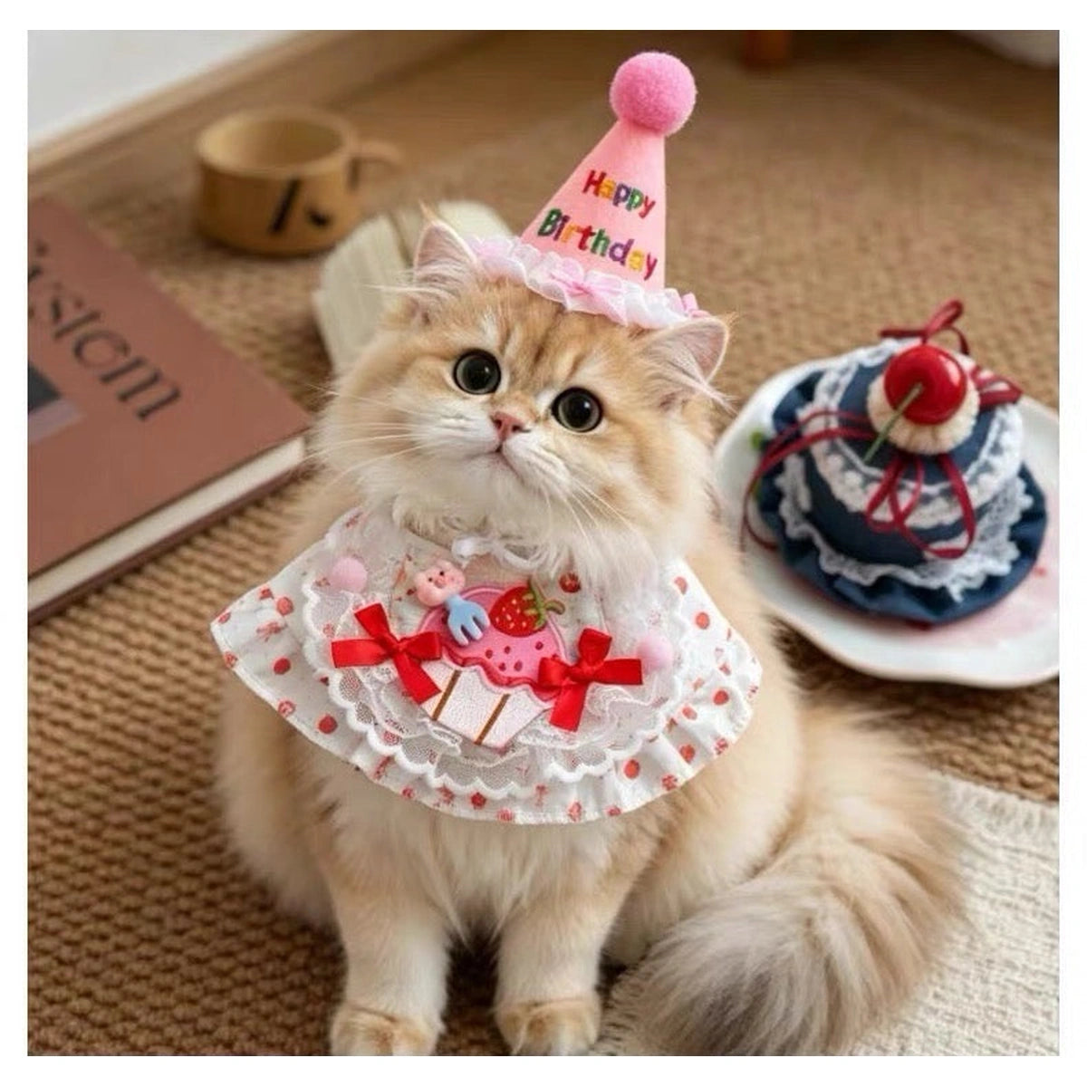 Cat wearing pink birthday hat and matching birthday bandana