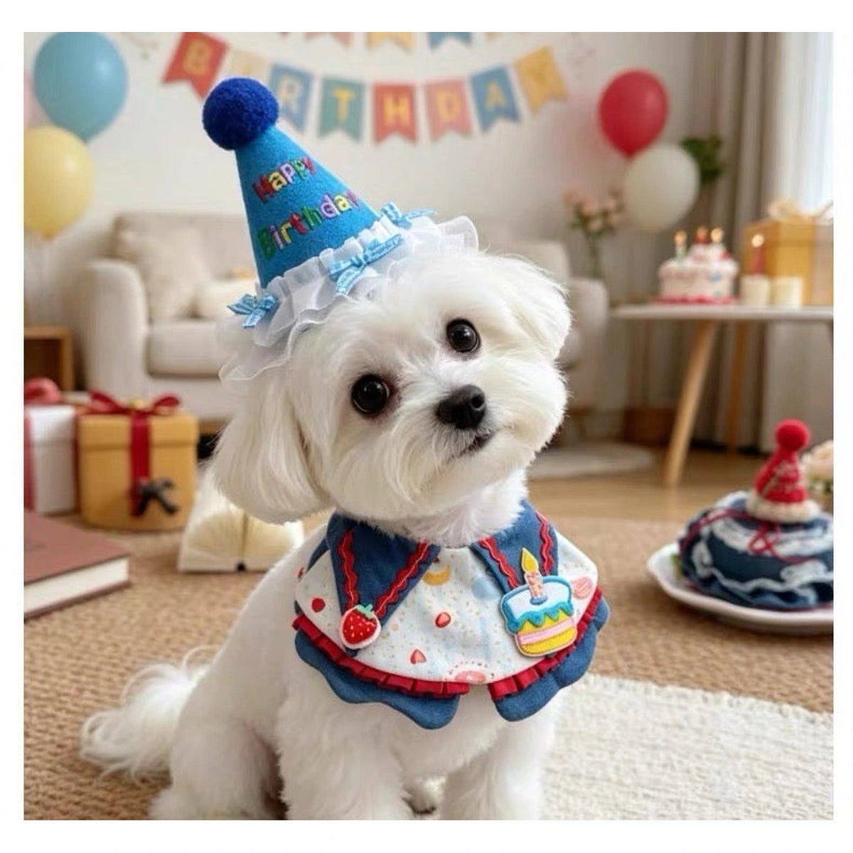 Dog wearing blue birthday hat and bandana at a party table