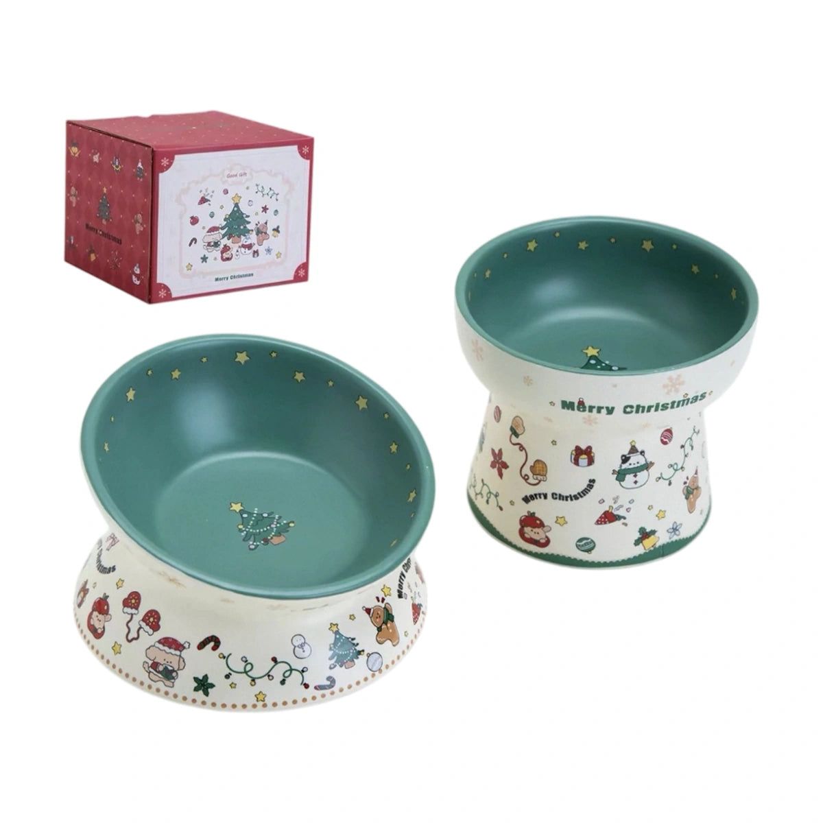 Green Petdebby Christmas bowls with cylindrical bowl and gift box