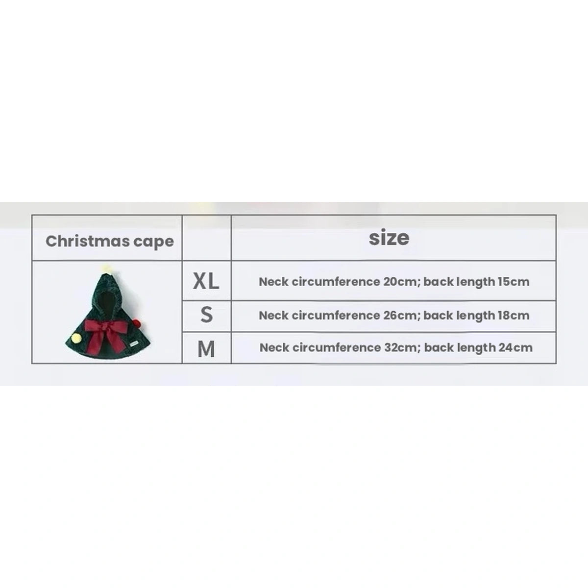 UFBemo Christmas-tree cape size-reference table