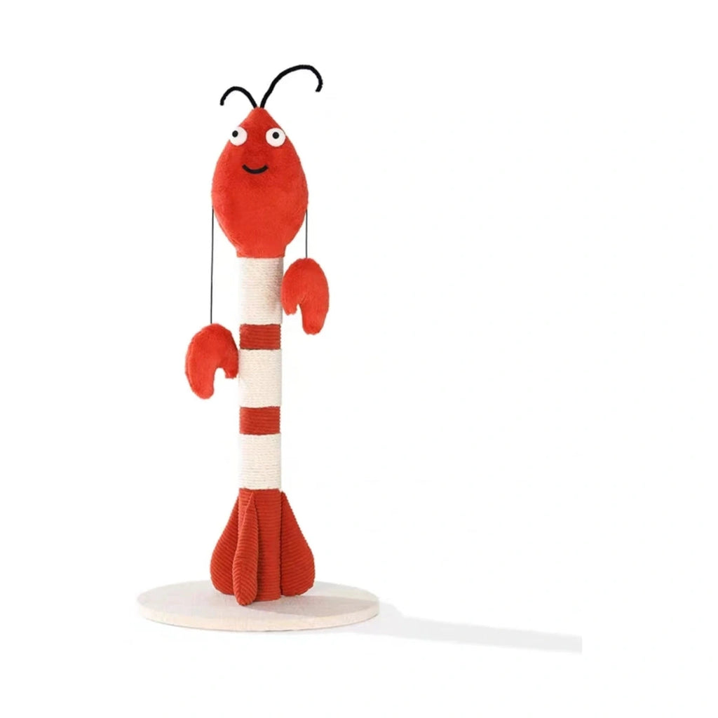 Red lobster-shaped UFBemo cat scratching post on round base