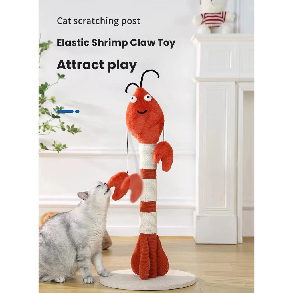 Cat playing beside the red lobster scratching post