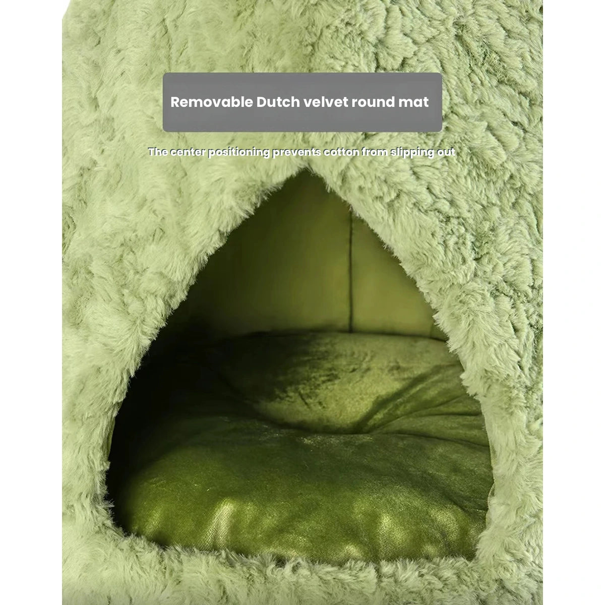 Close-up of the soft interior of the green Christmas-tree pet house
