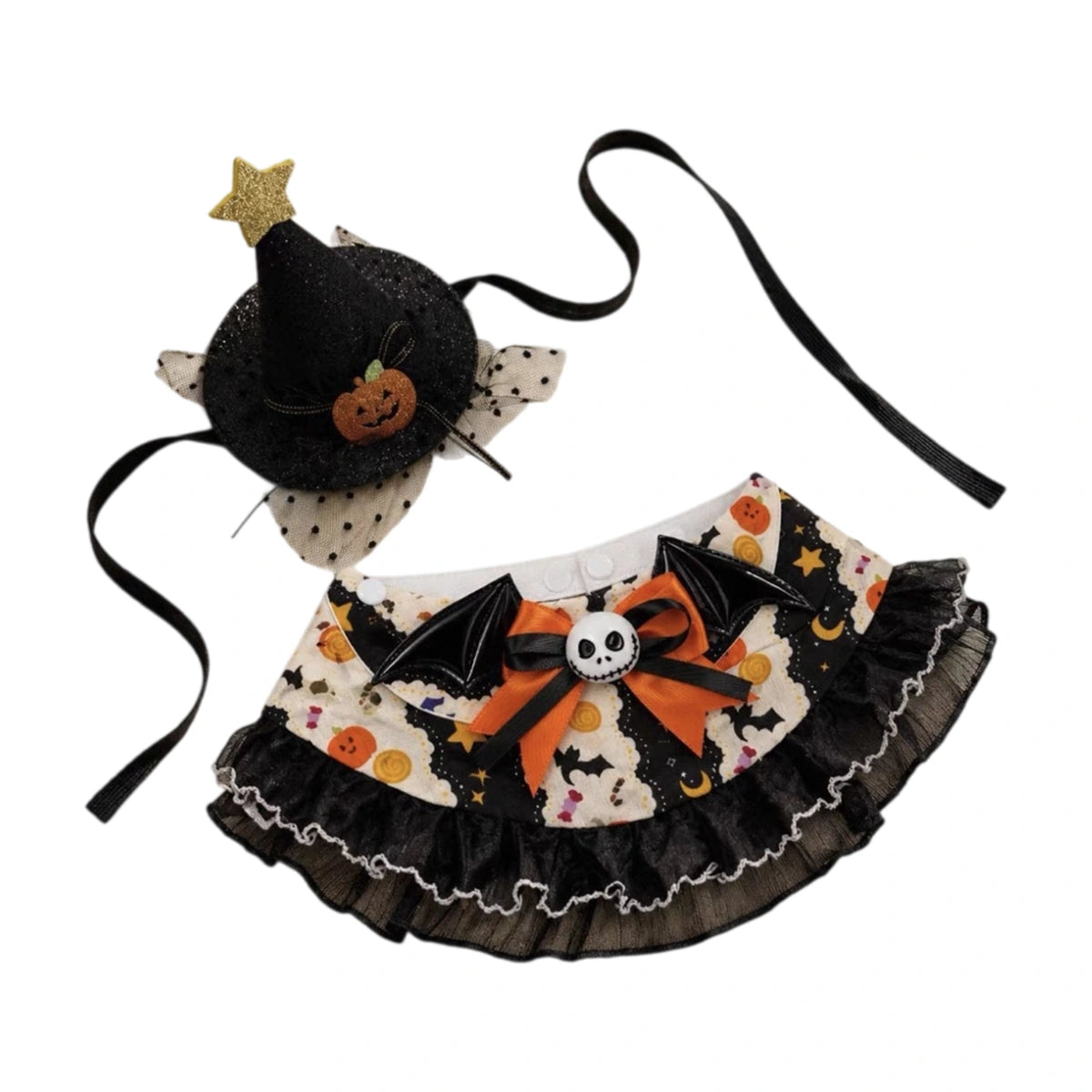 Black and orange Halloween pet bib costume with matching hat