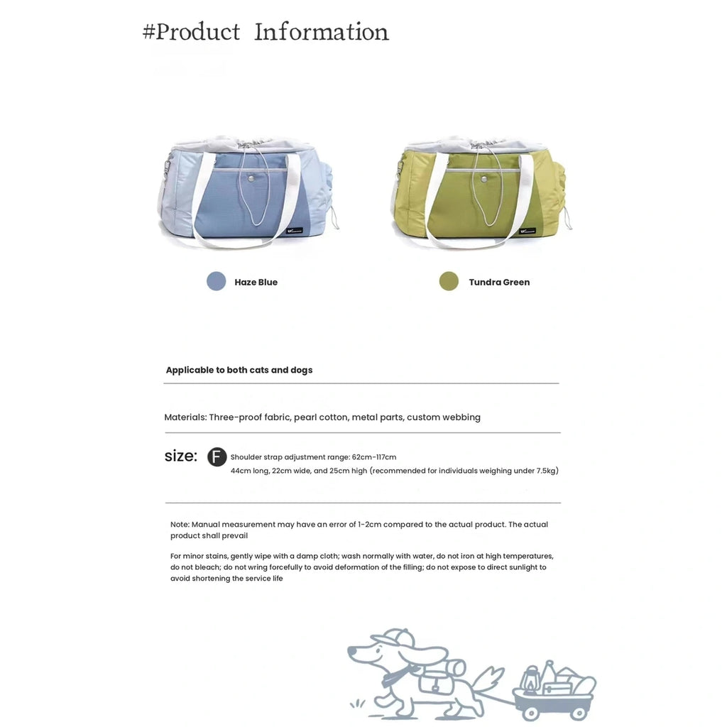 UF pet carrier bag information panel comparing colours and features