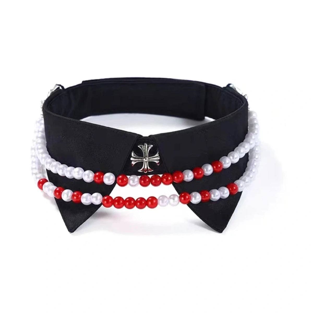 Black and red UFBemo beaded Halloween pet collar laid flat