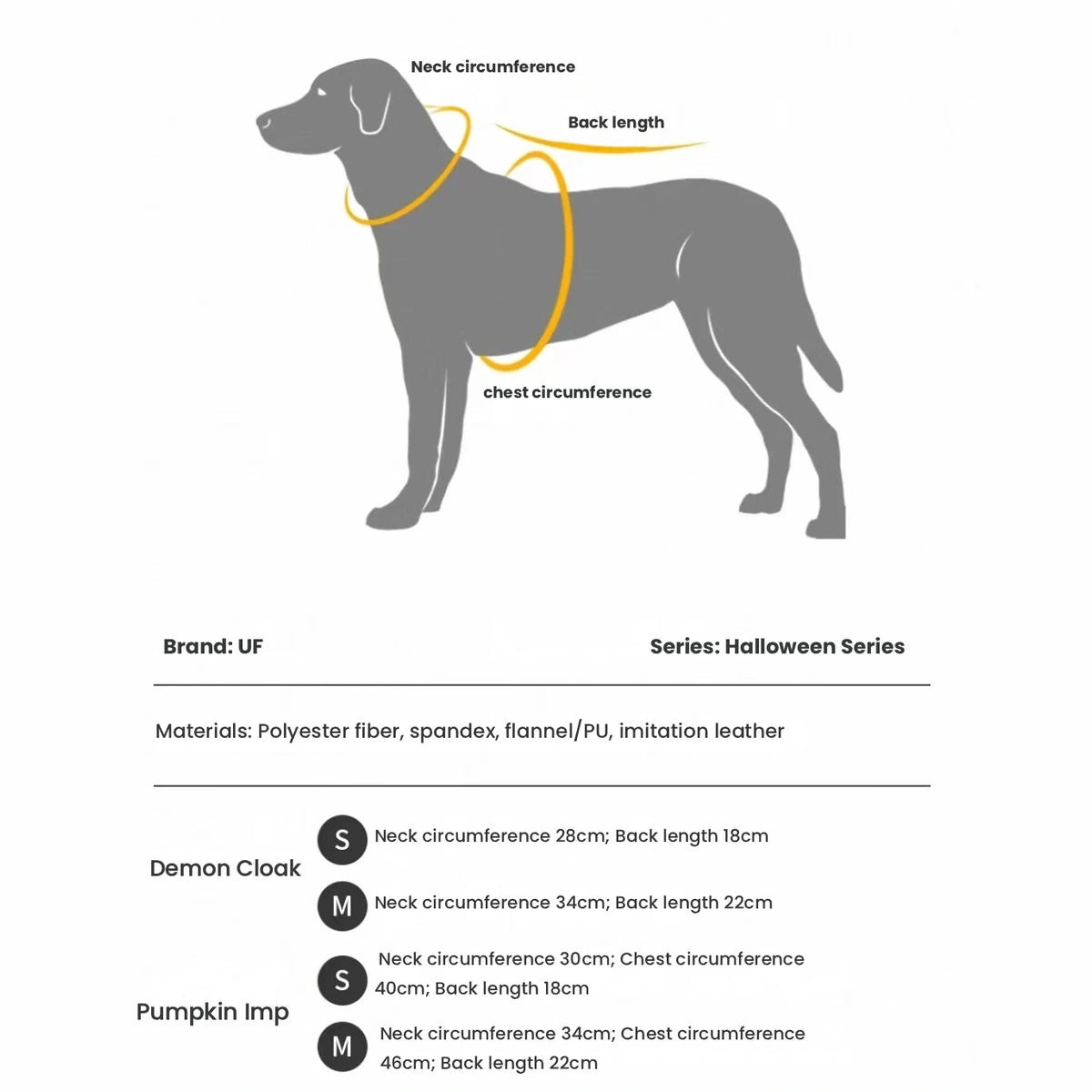 UFBemo cape size-reference diagram with a dog outline