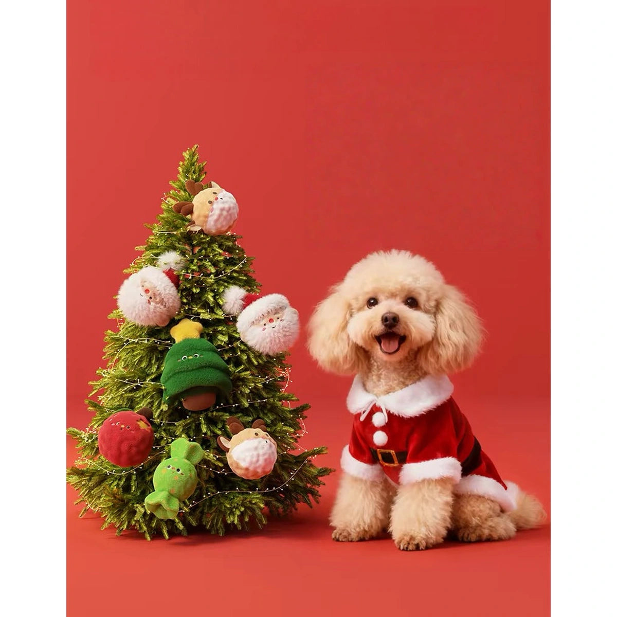 Dog sitting beside a Christmas tree and plush toy