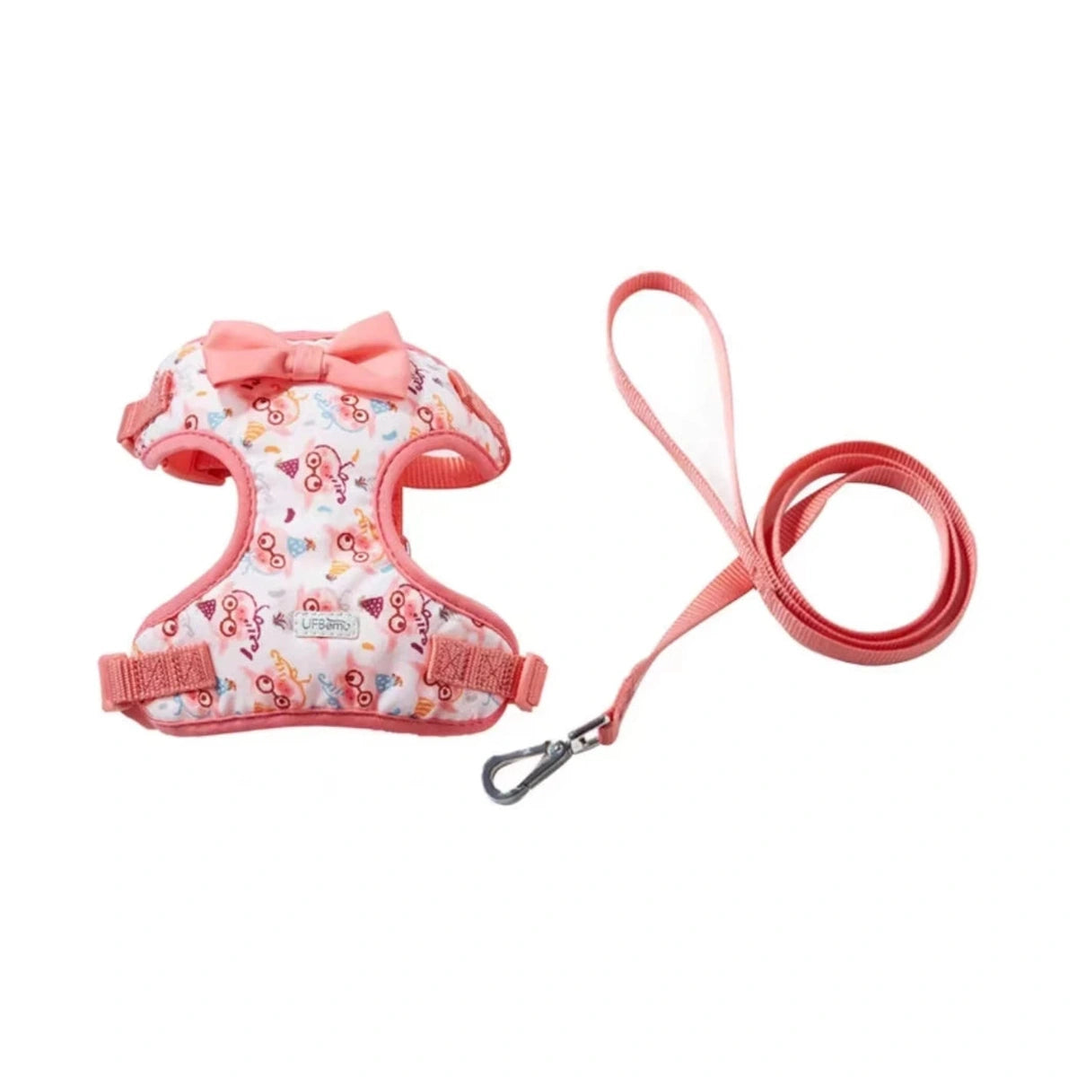 Red UFBemo harness and leash shown from two sides