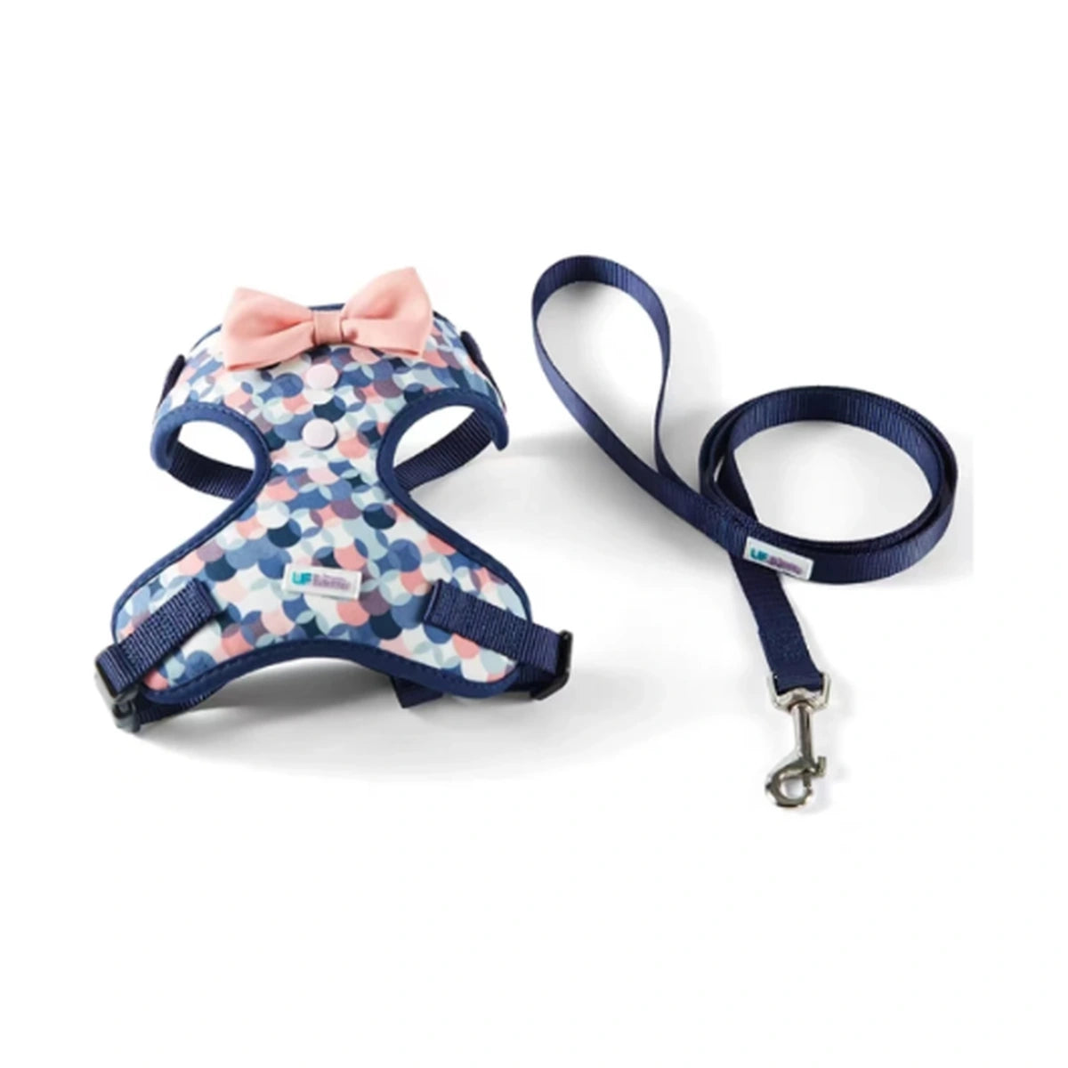 Blue patterned UFBemo pet harness and leash laid flat