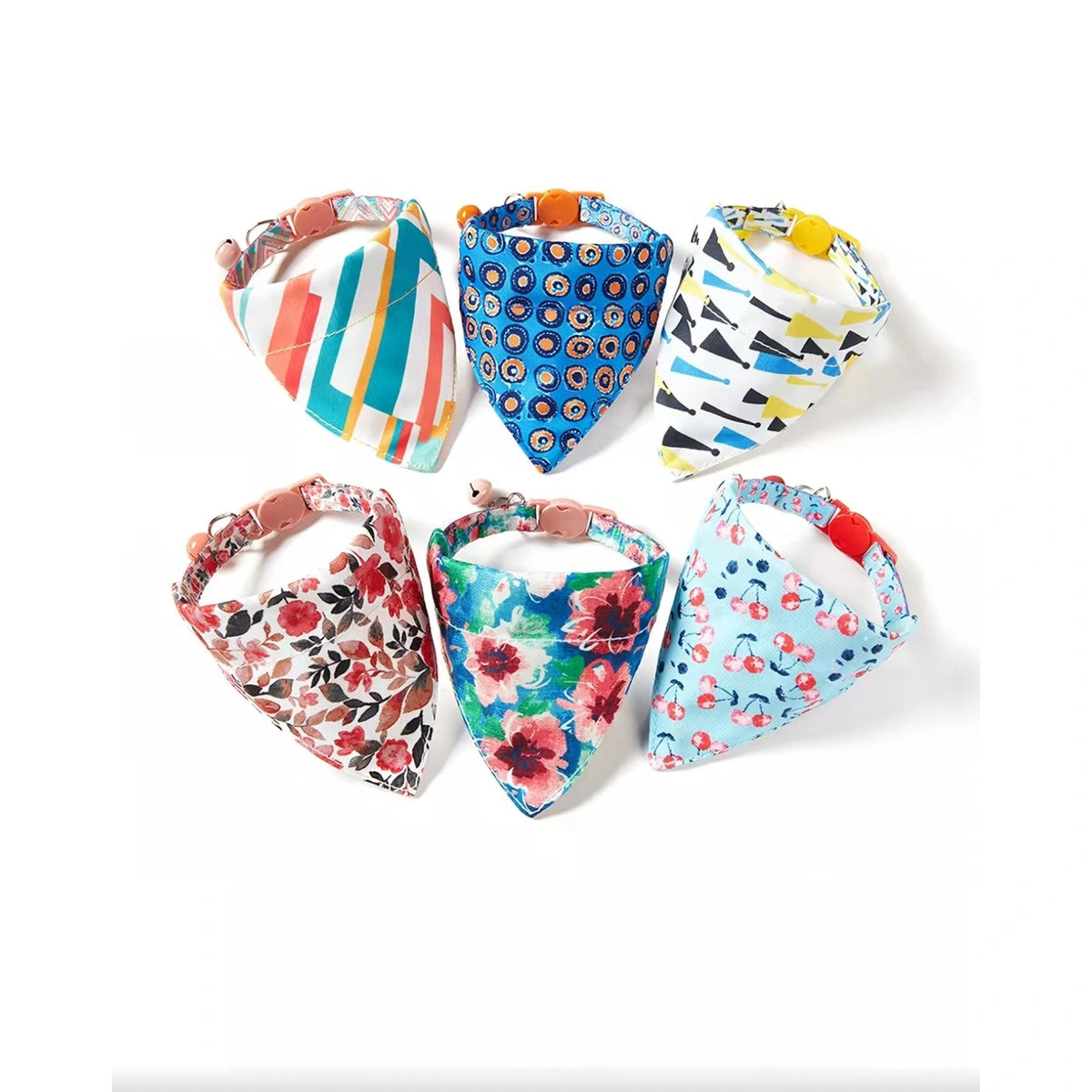 Six colourful UFBemo bandana collar patterns shown together