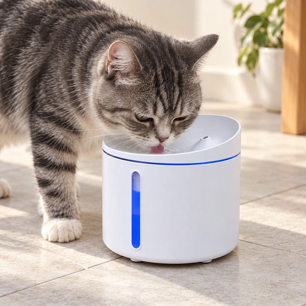 Cat drinking from a white Dogness Smart Fountain Plus