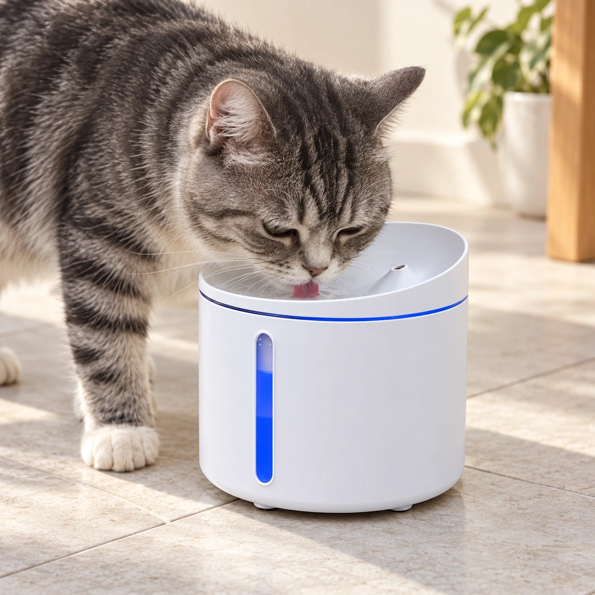 Cat drinking from a white Dogness Smart Fountain Plus