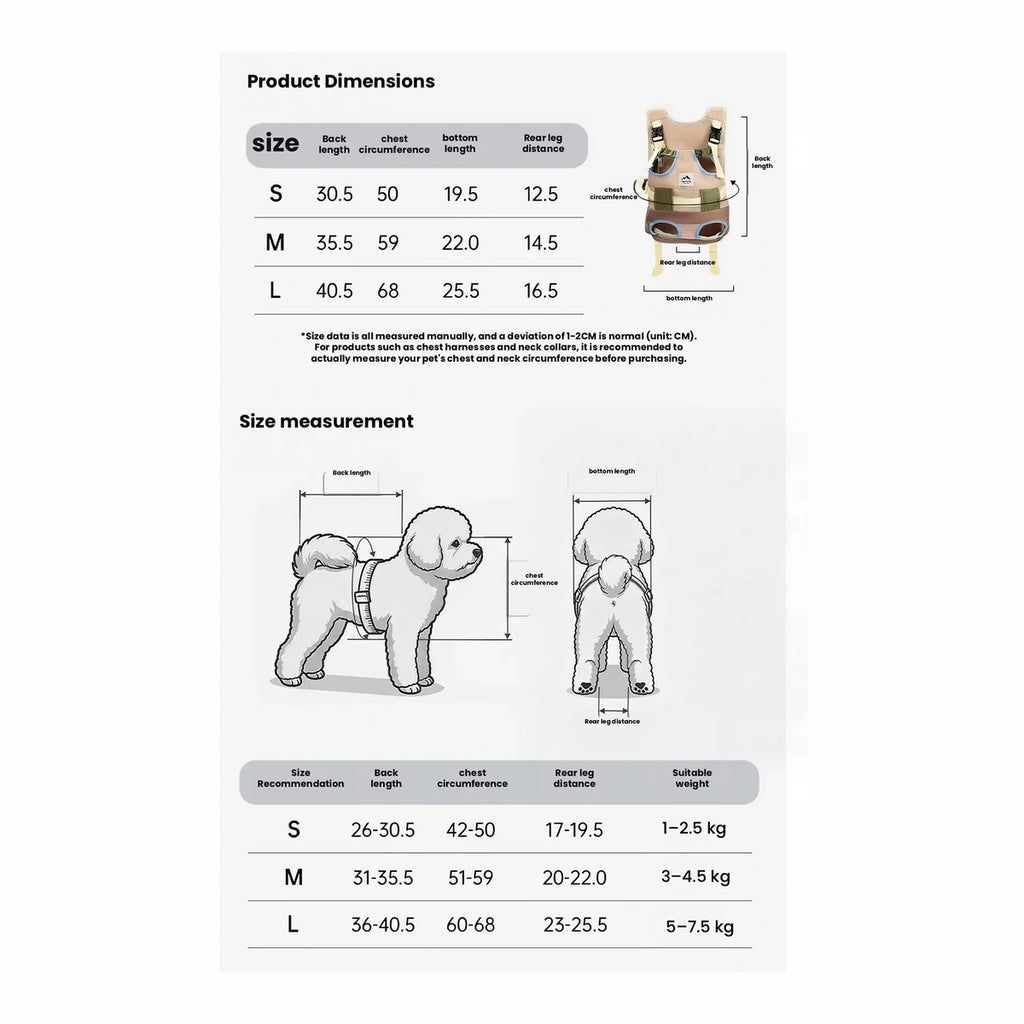 Front-and-back carrier size and pet measurement chart
