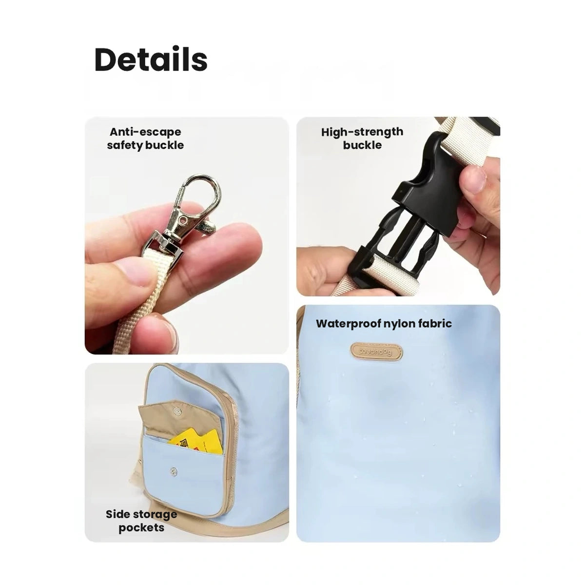 Touchdog carrier bag clips, pockets and fabric details