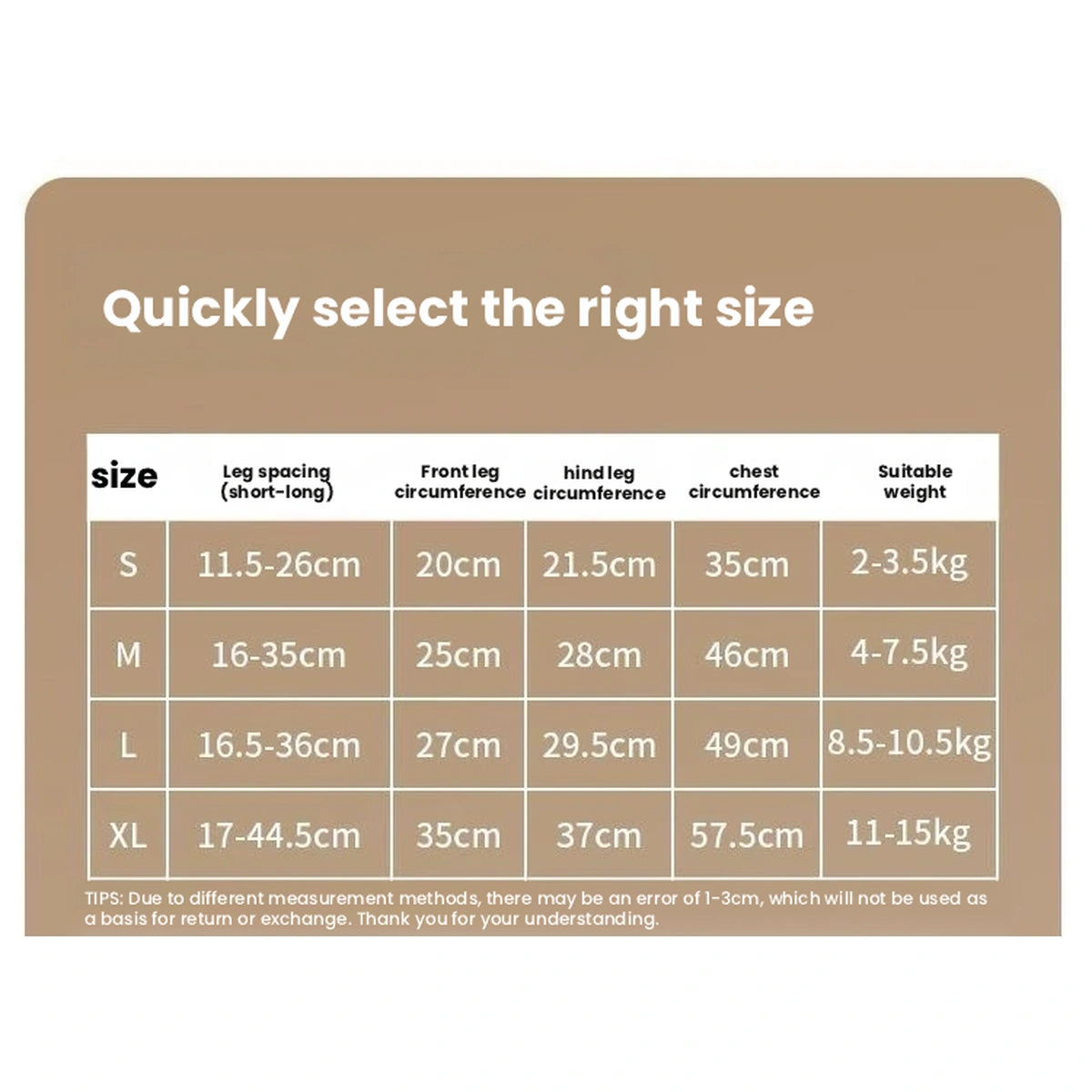 HiDREAM carrier size chart for S through XL