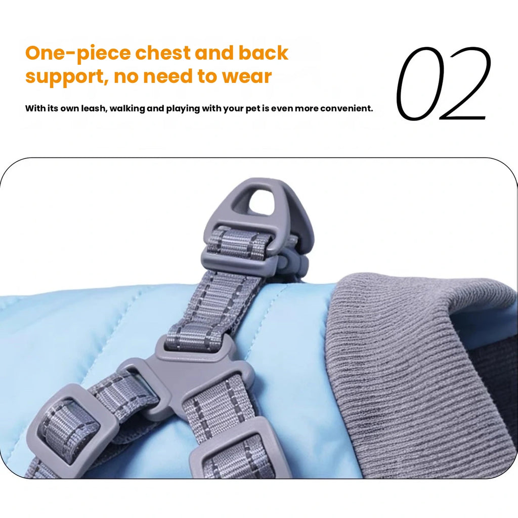 Blue winter dog coat chest strap and clip detail