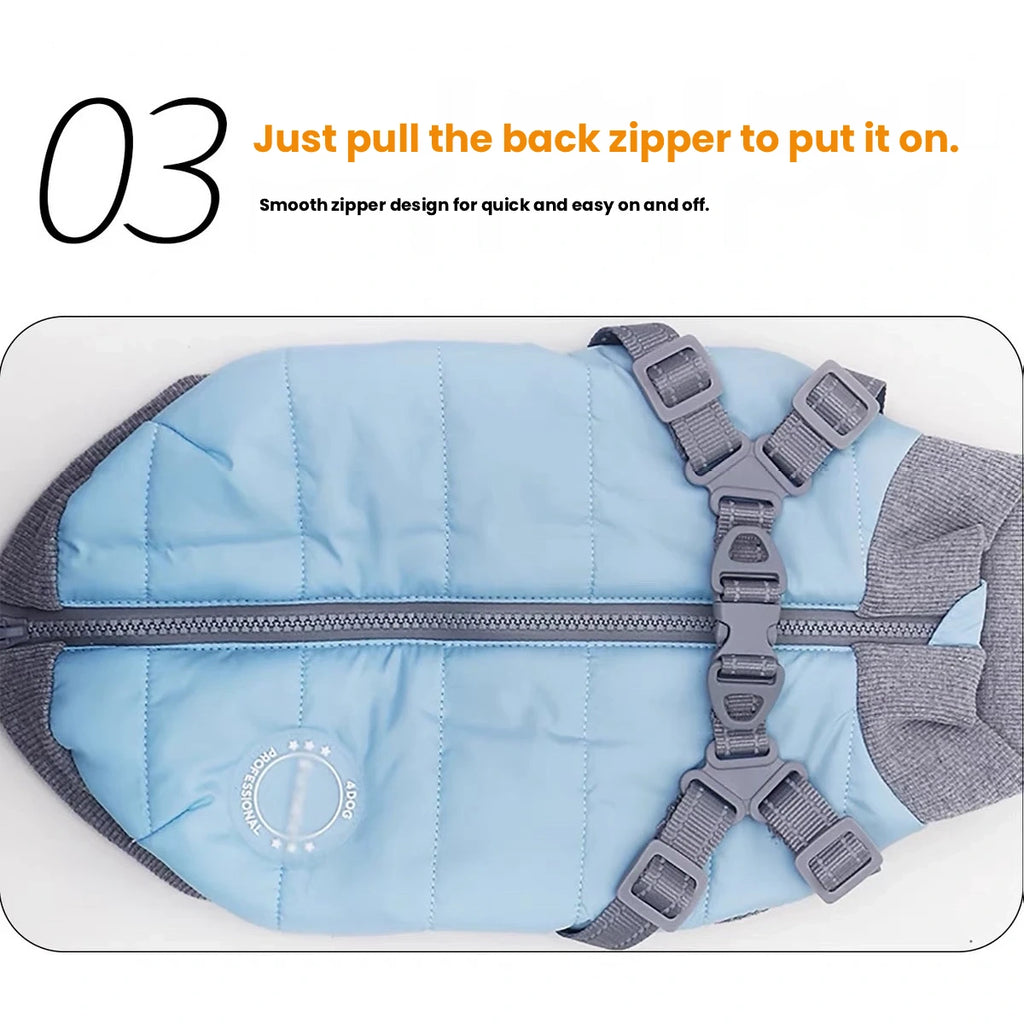 Blue winter dog coat back zipper detail