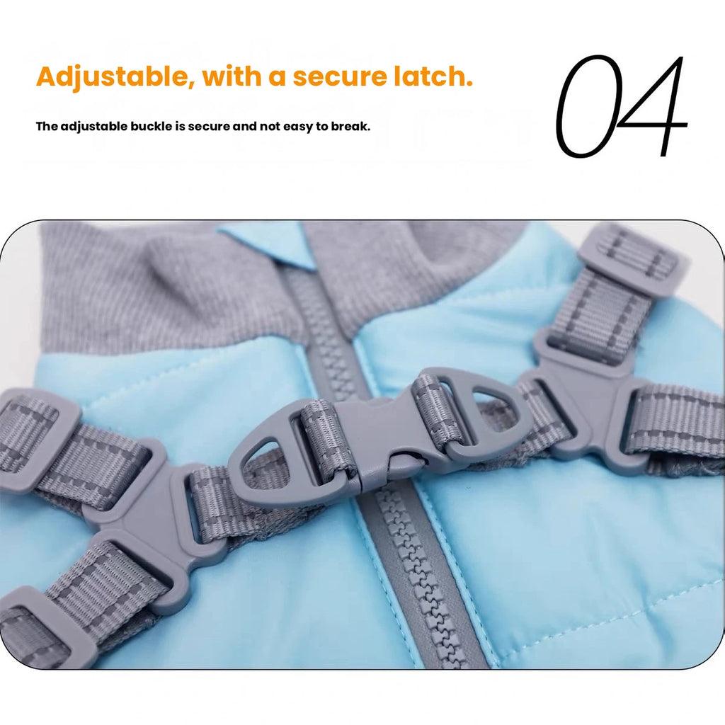 Blue dog winter coat adjustable strap close-up