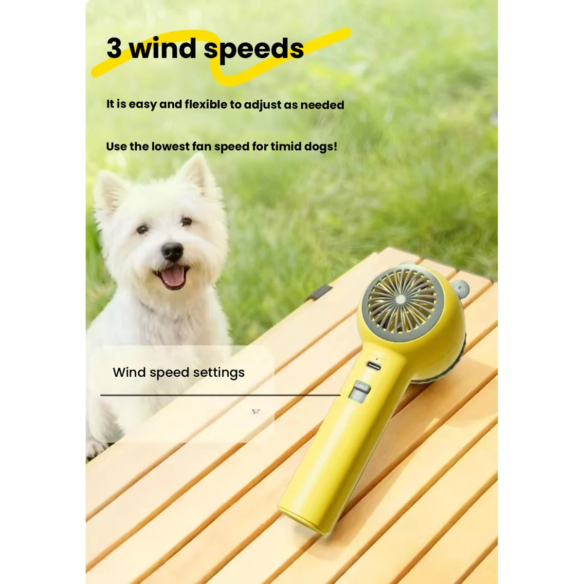 Yellow pet dryer three airflow settings diagram