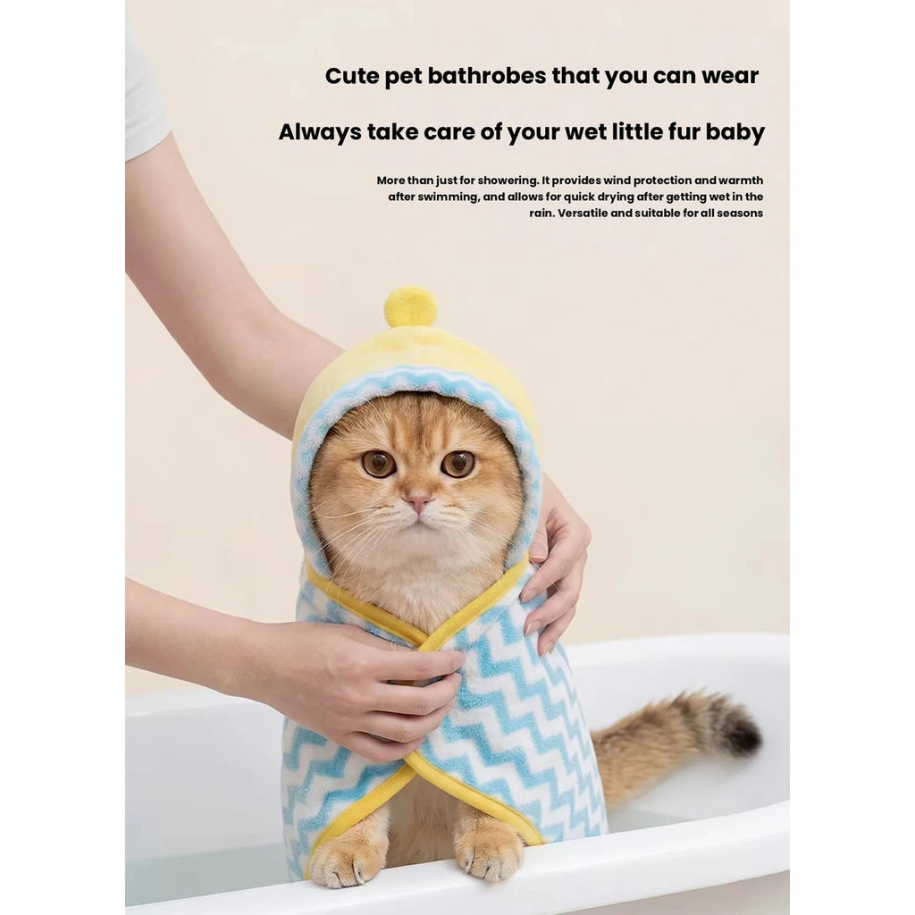 Cat shown before and after wearing pet bathrobe