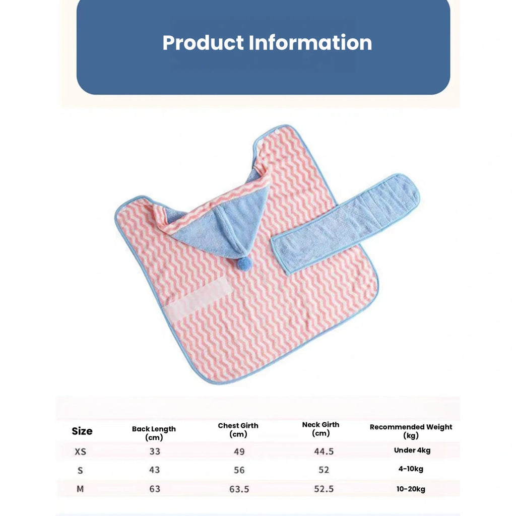 Pink pet bathrobe measurement and size chart