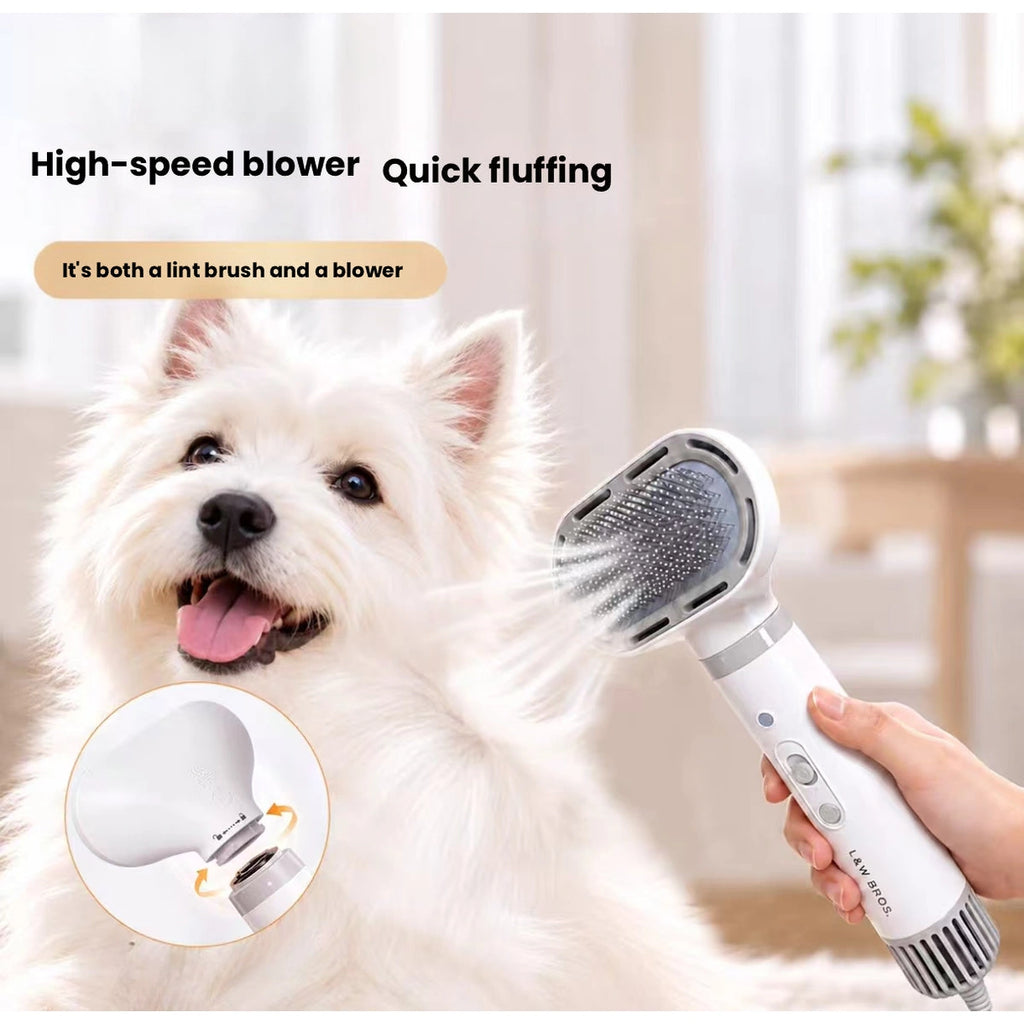 Pet dryer grooming head near small dog