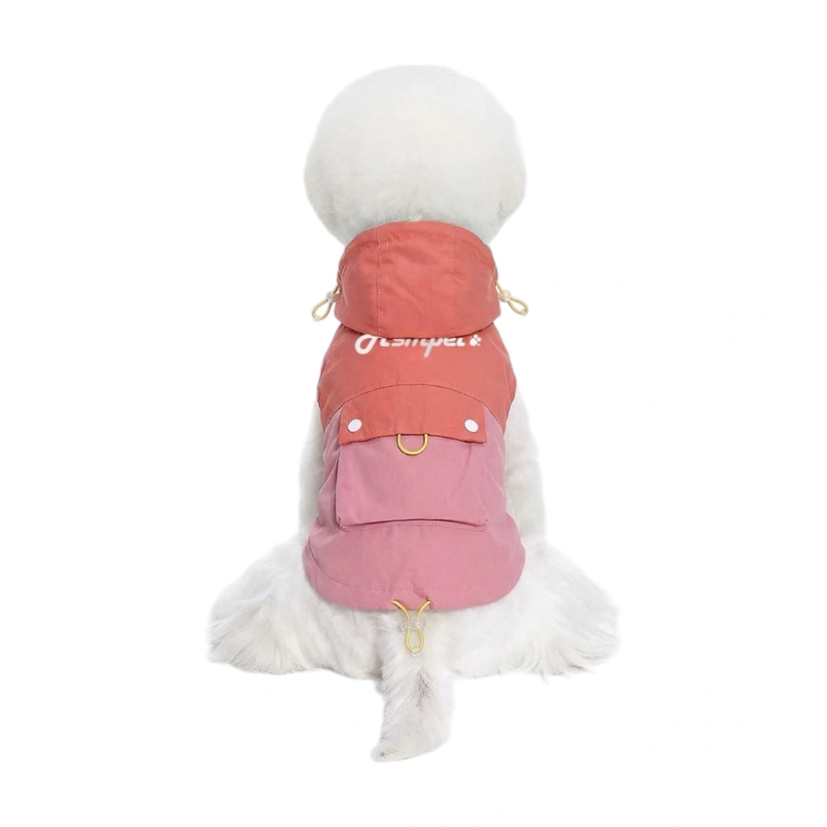 Mr.shoes pink dog cooling vest shown from behind on a white dog