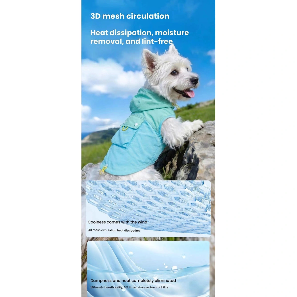 White dog wearing blue cooling vest beside a fabric cross-section graphic