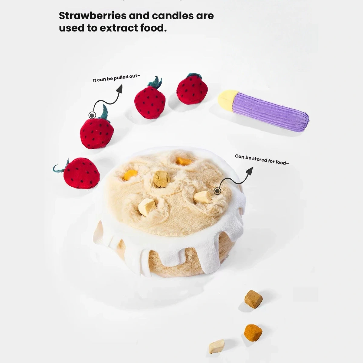 Raisingwell cake toy strawberry decorations beside open treat layer