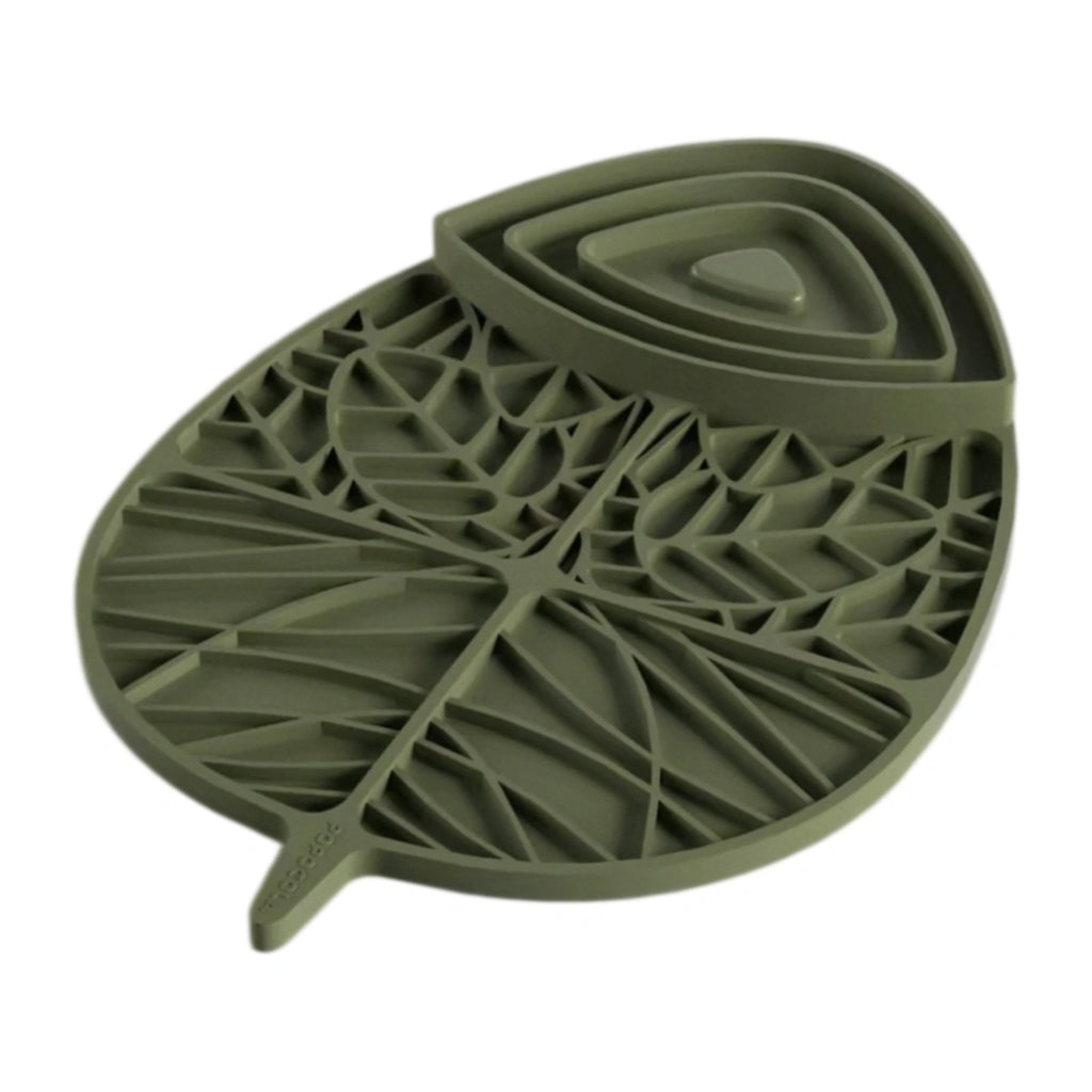 Green POPOCOLA silicone lick mat with leaf shape and raised patterns