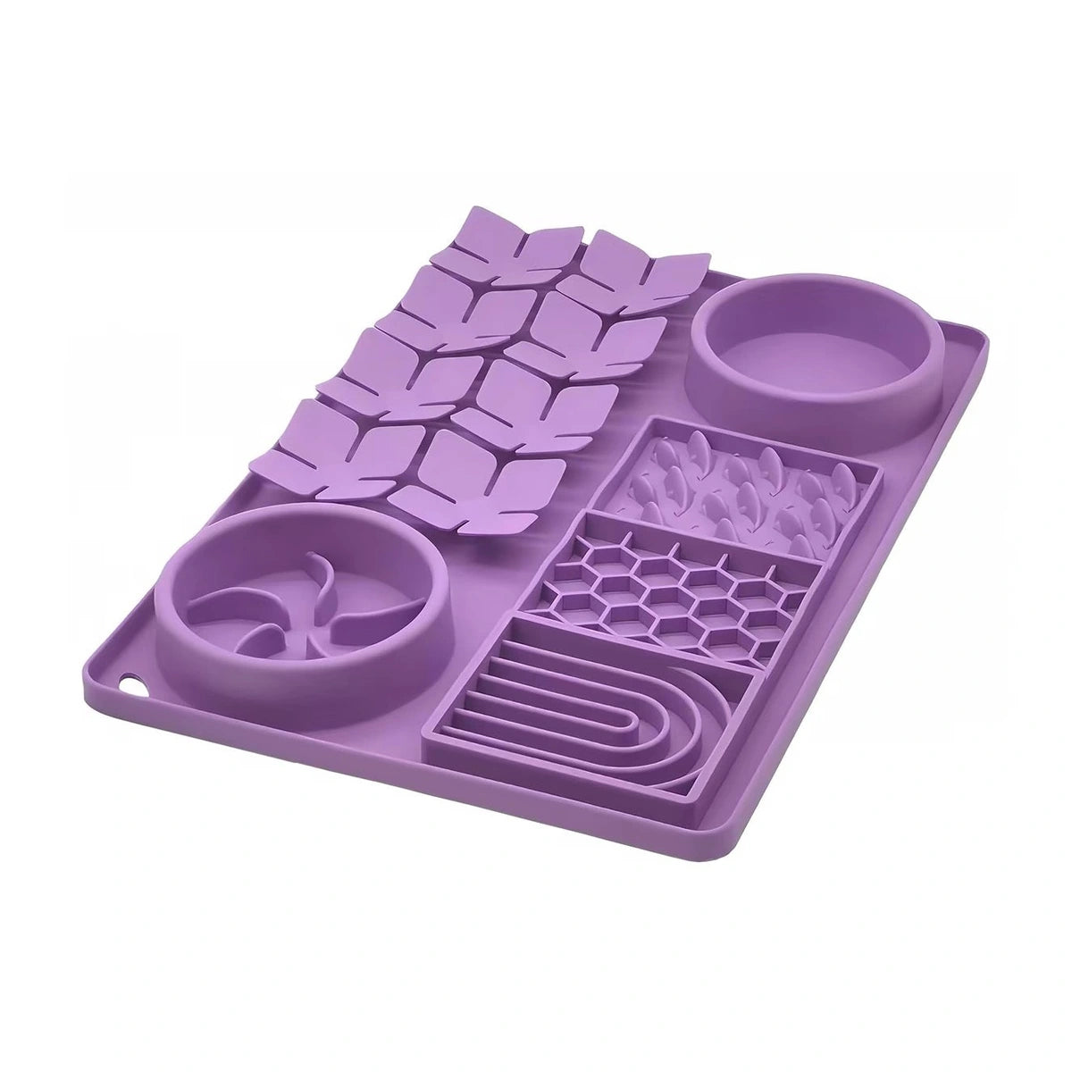 Purple silicone slow feeder mat with textured sections
