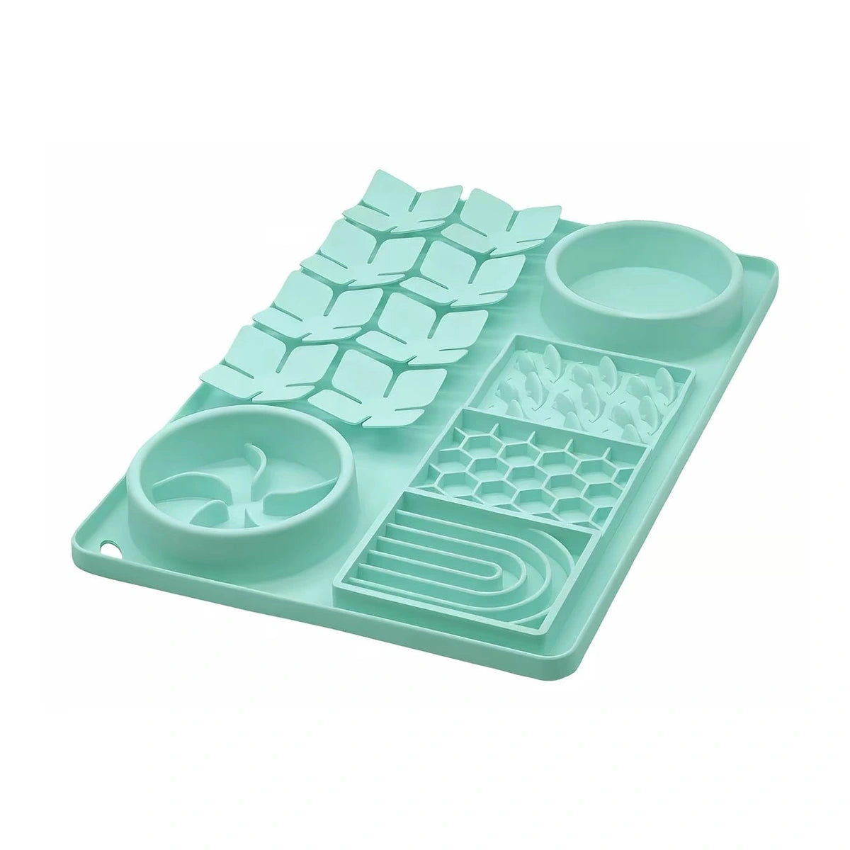 Mint green silicone slow feeder mat with textured sections