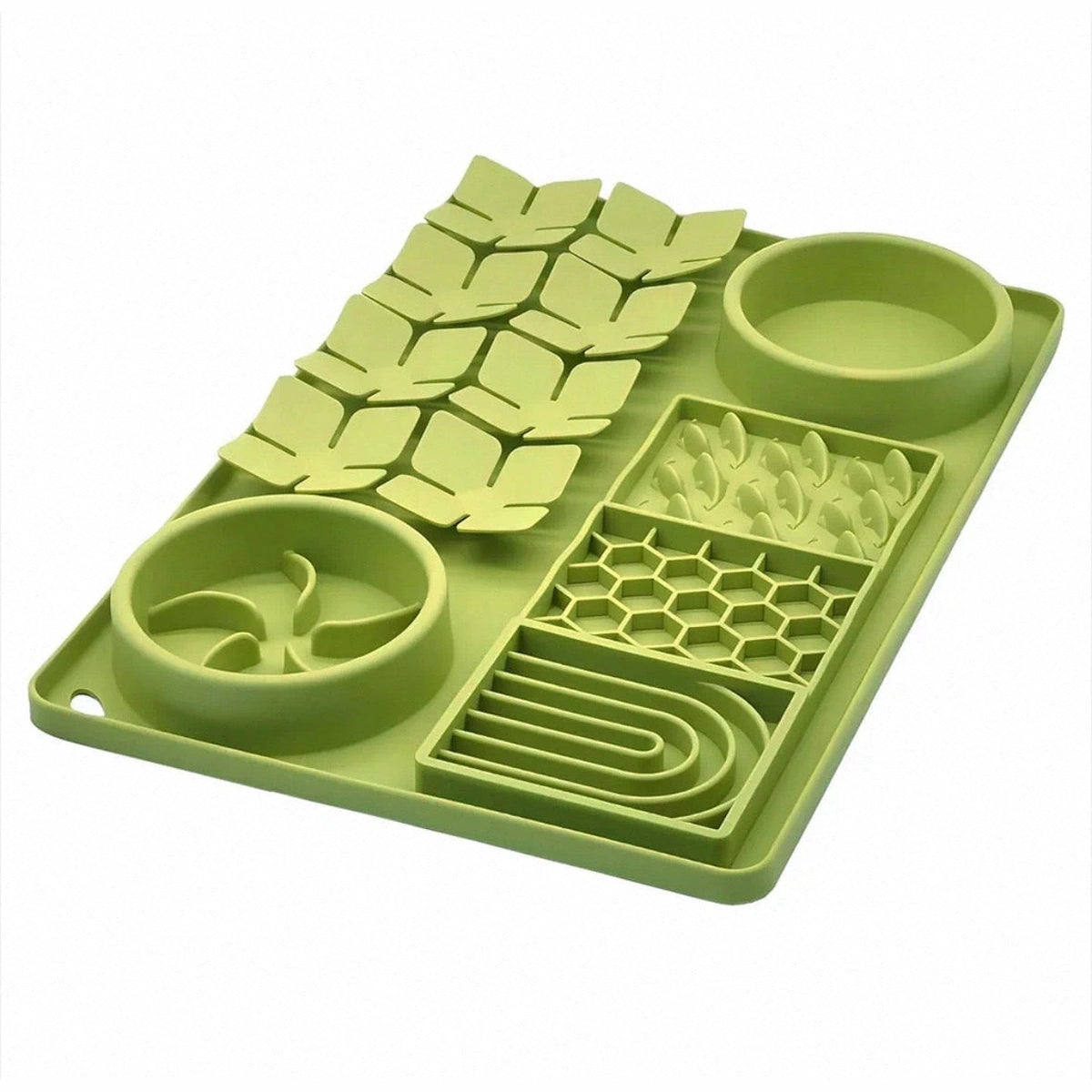 Green silicone slow feeder mat with textured sections
