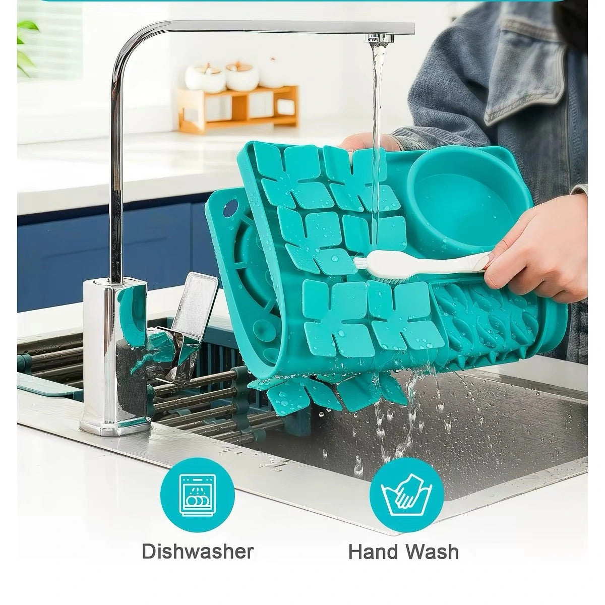 Turquoise silicone slow feeder mat being rinsed in a sink