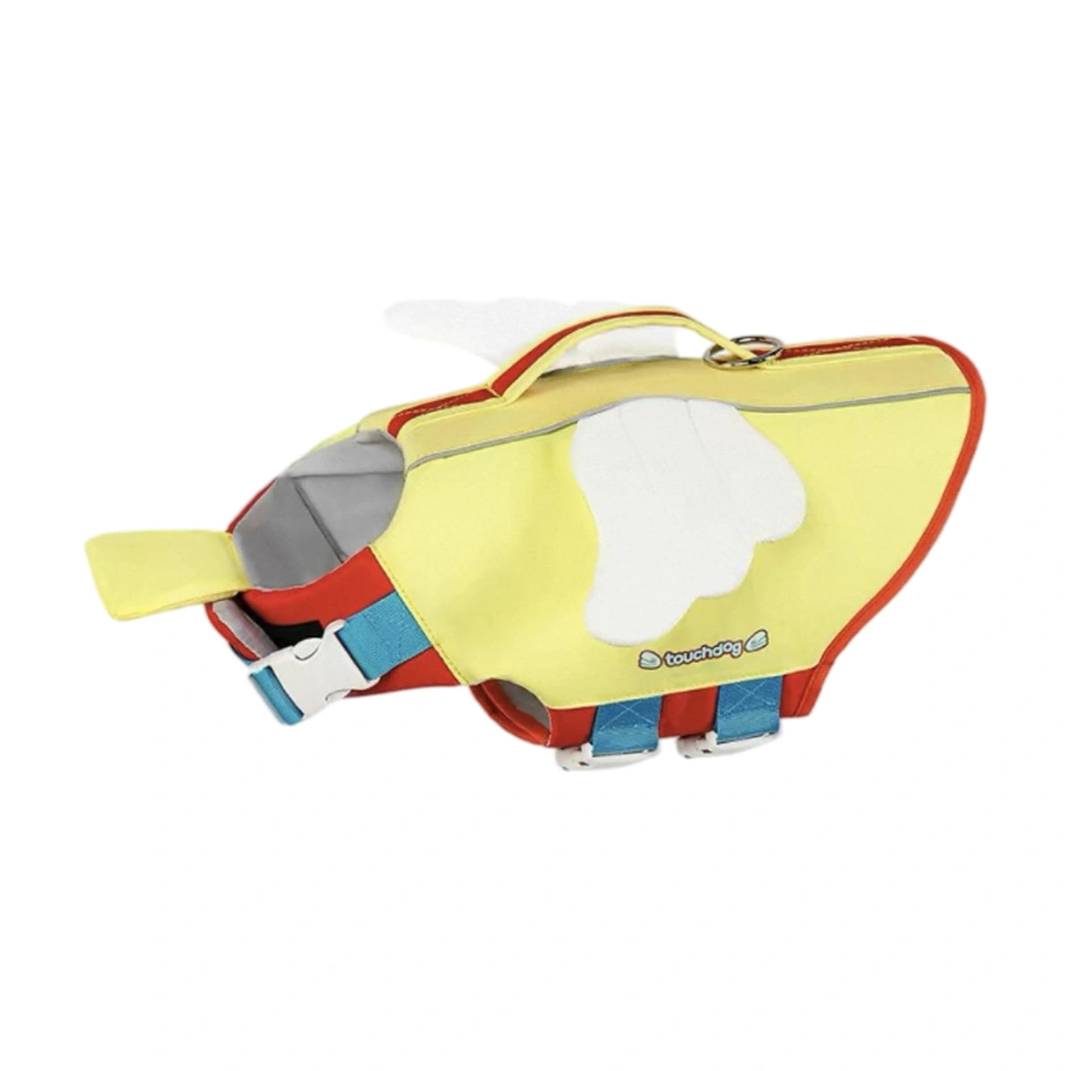 Yellow Touchdog dog life jacket with straps and top handle