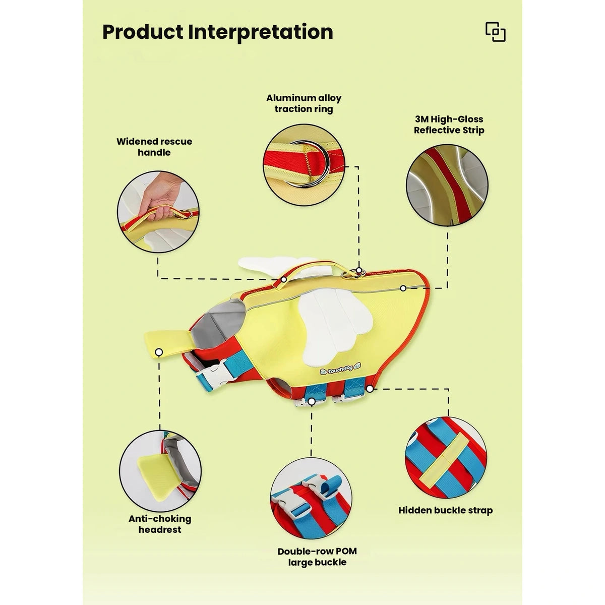 Touchdog life jacket detail diagram showing straps and handle