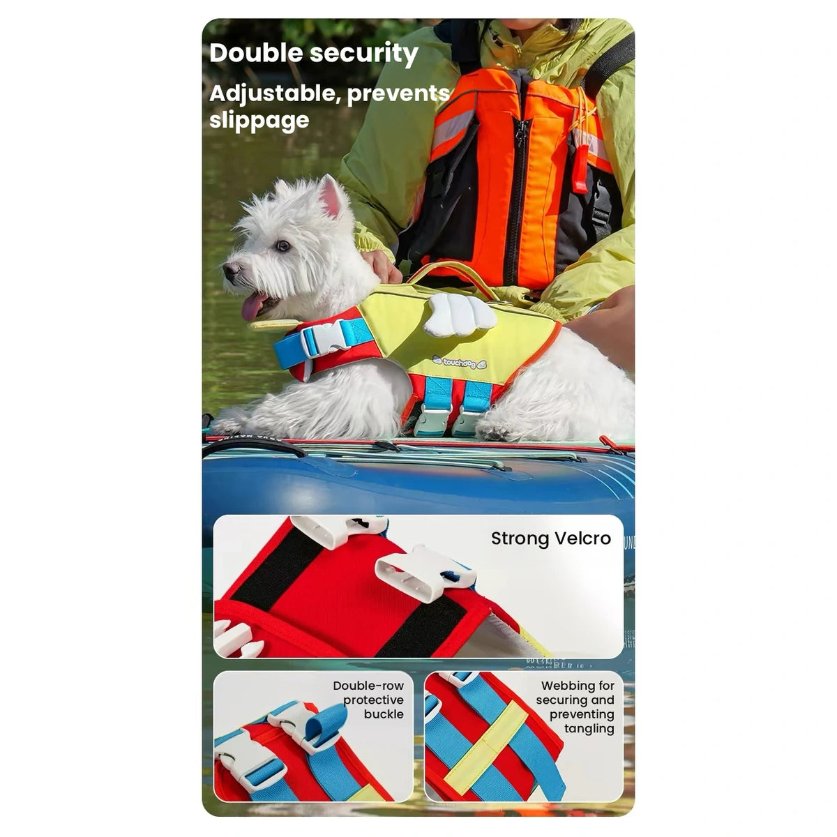 Small dog wearing a yellow Touchdog life jacket outdoors