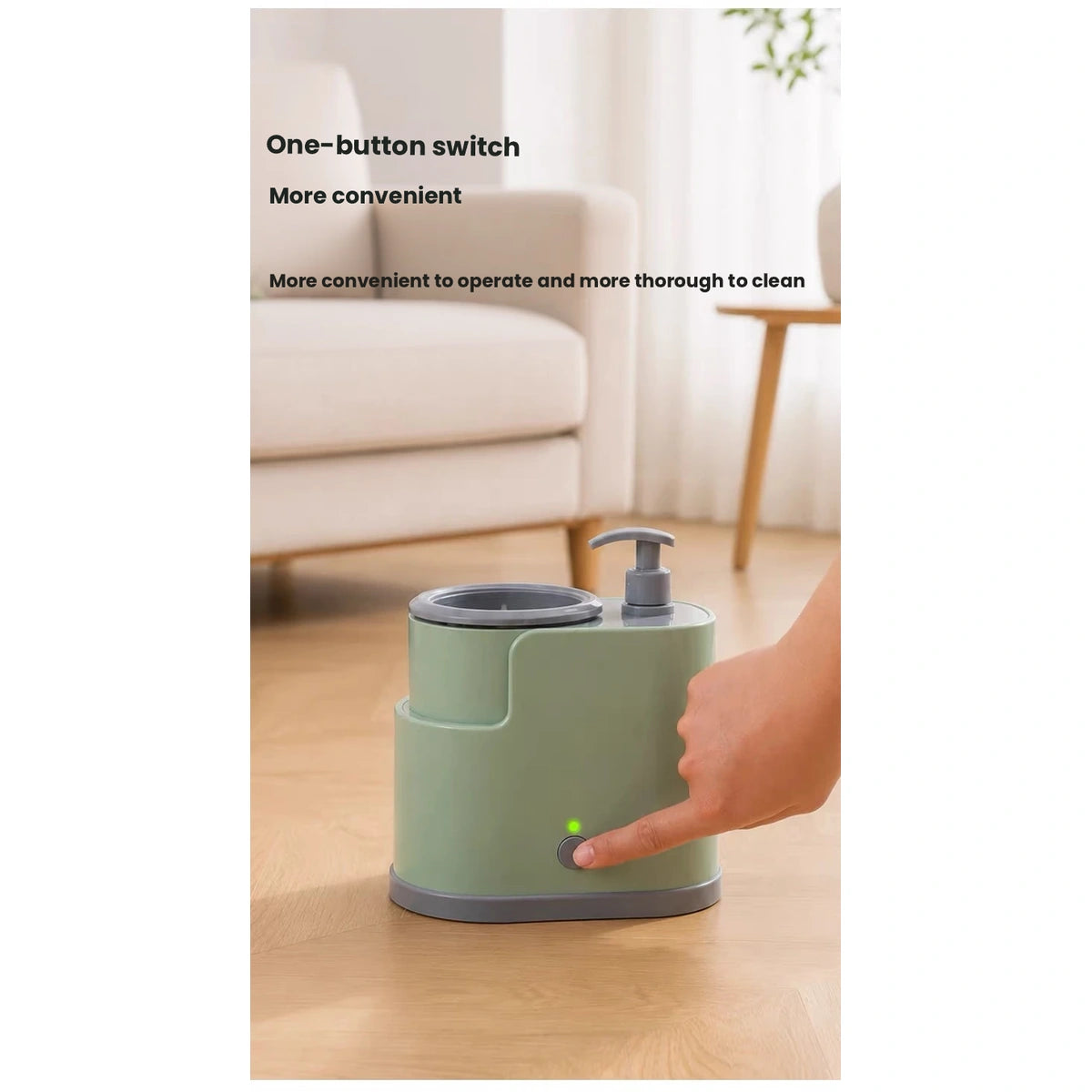 Hand pressing the control on green dog paw washer