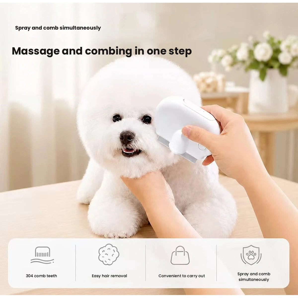 White spray comb used to groom a small white dog