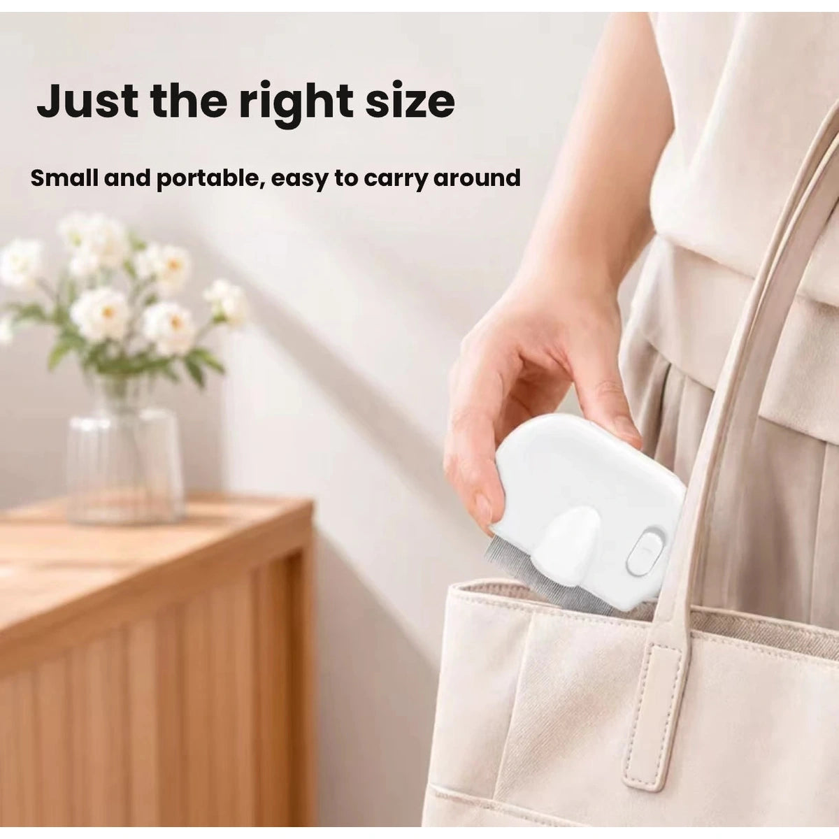 White spray grooming comb carried in a tote bag