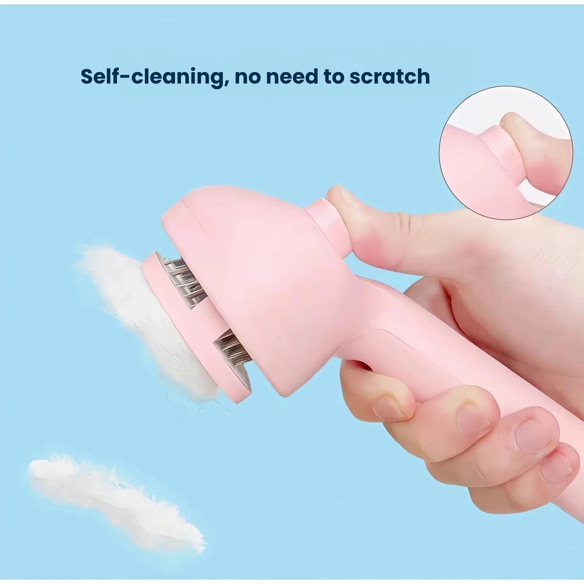 Hand pressing the self-cleaning button on pink pet brush
