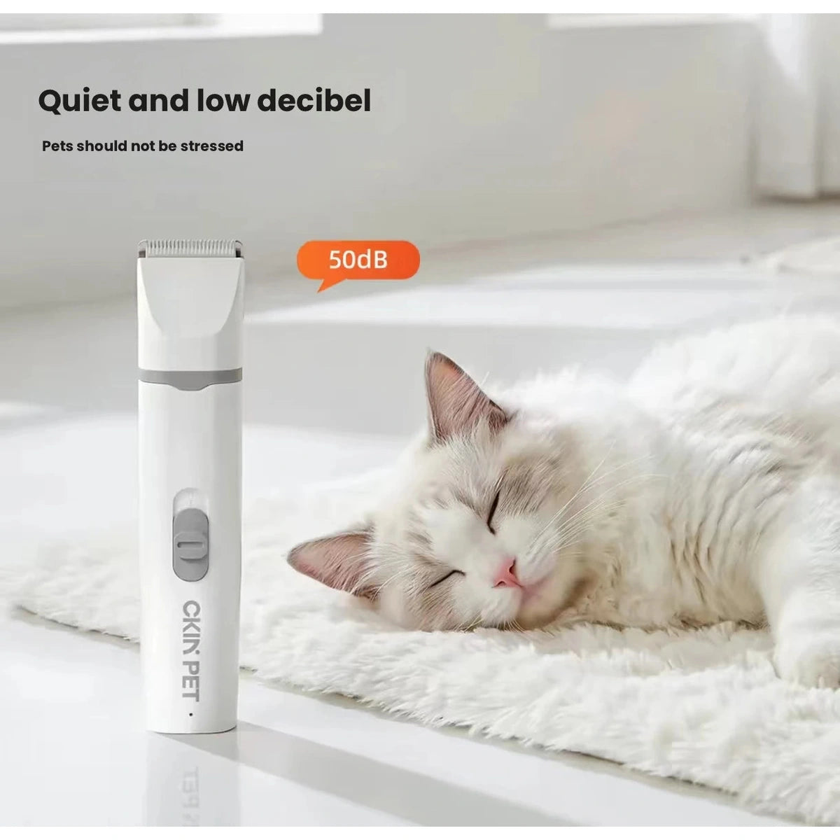 Ckin Pet clipper noise graphic beside a resting cat