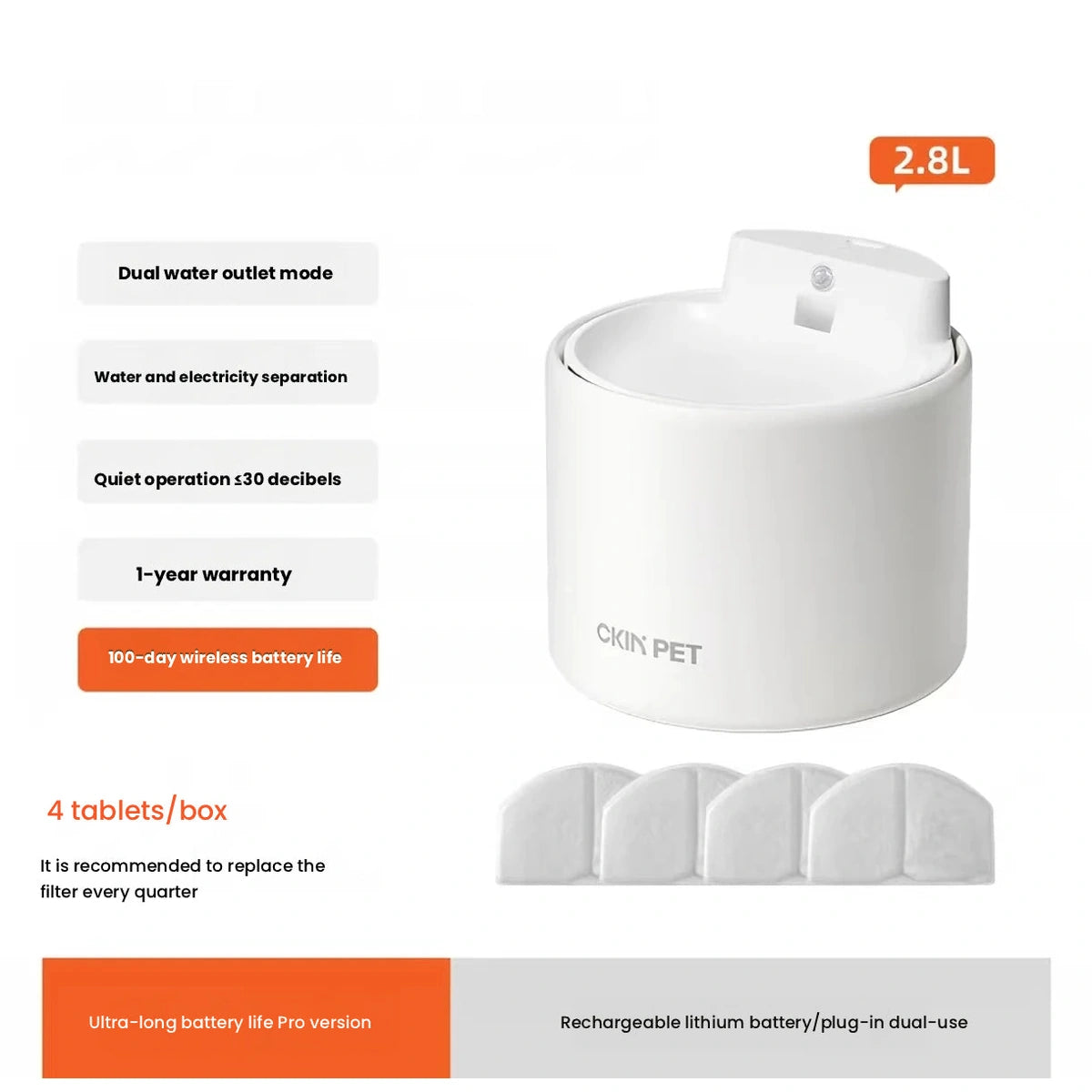 White Ckin Pet ceramic cordless cat water fountain and filter parts