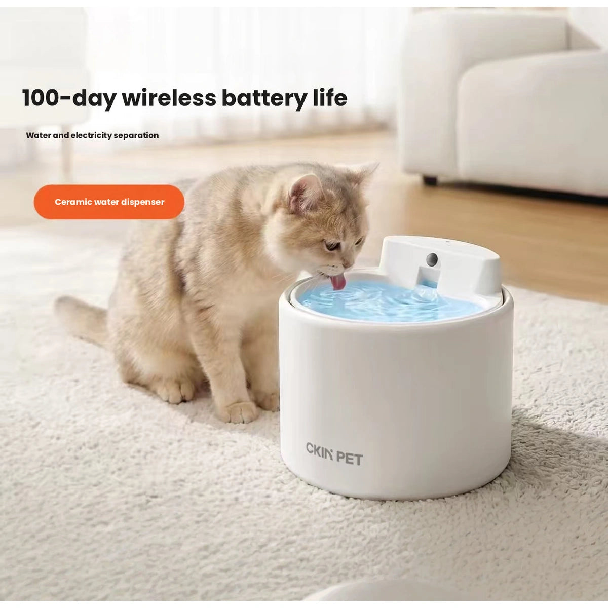 Cat drinking from Ckin Pet ceramic water fountain