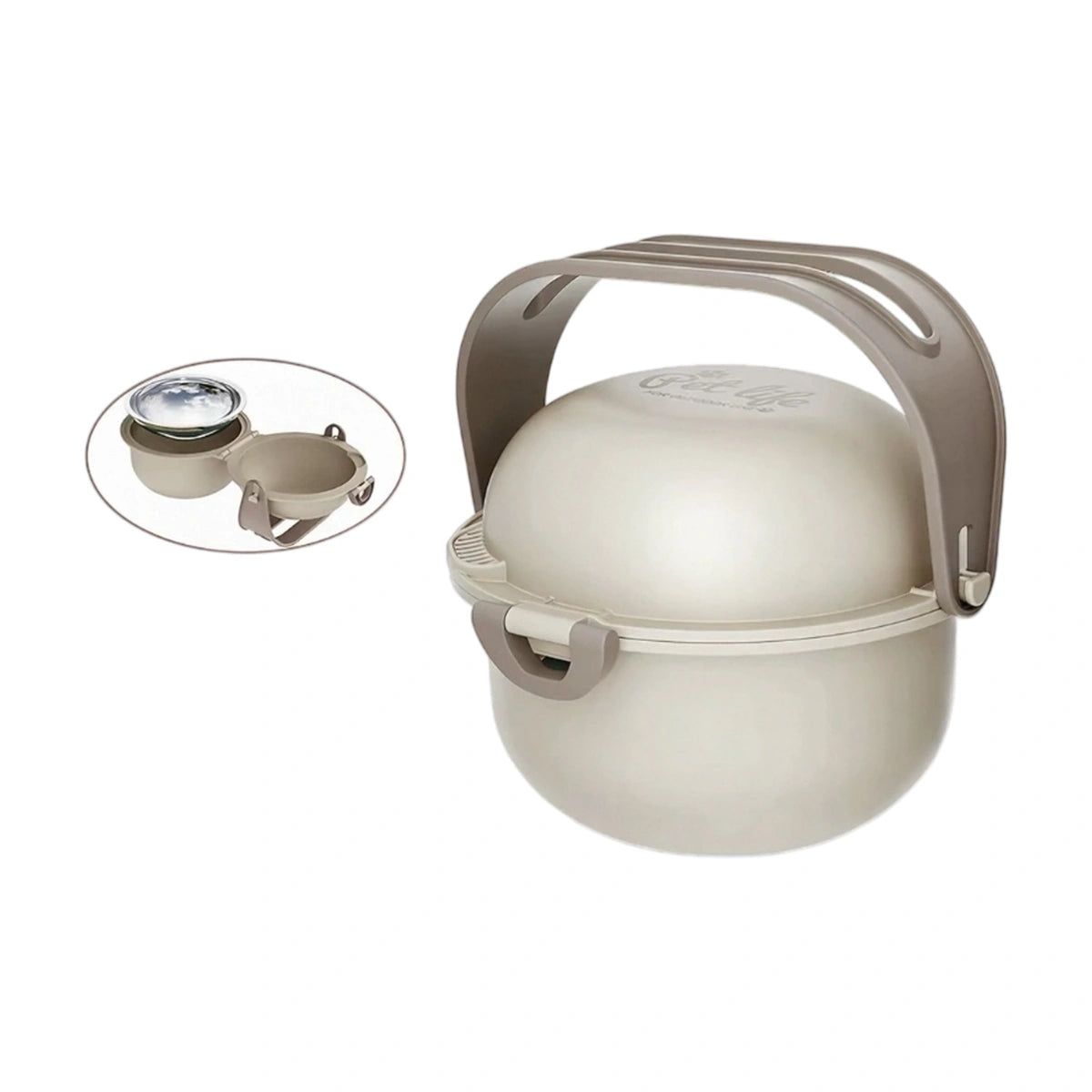 Jkulning dual pet bowl: beige dual travel bowl closed with handle
