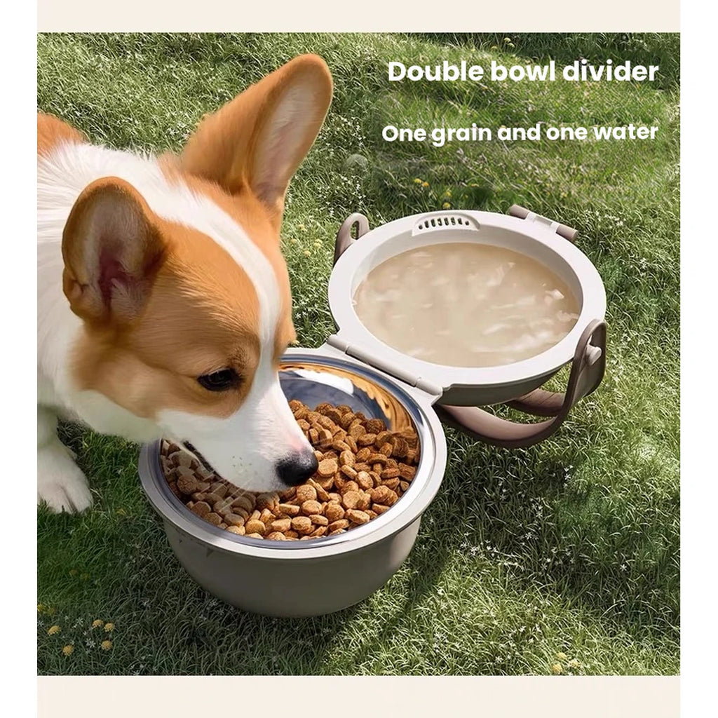 Jkulning dual pet bowl: dog eating from open dual travel bowl