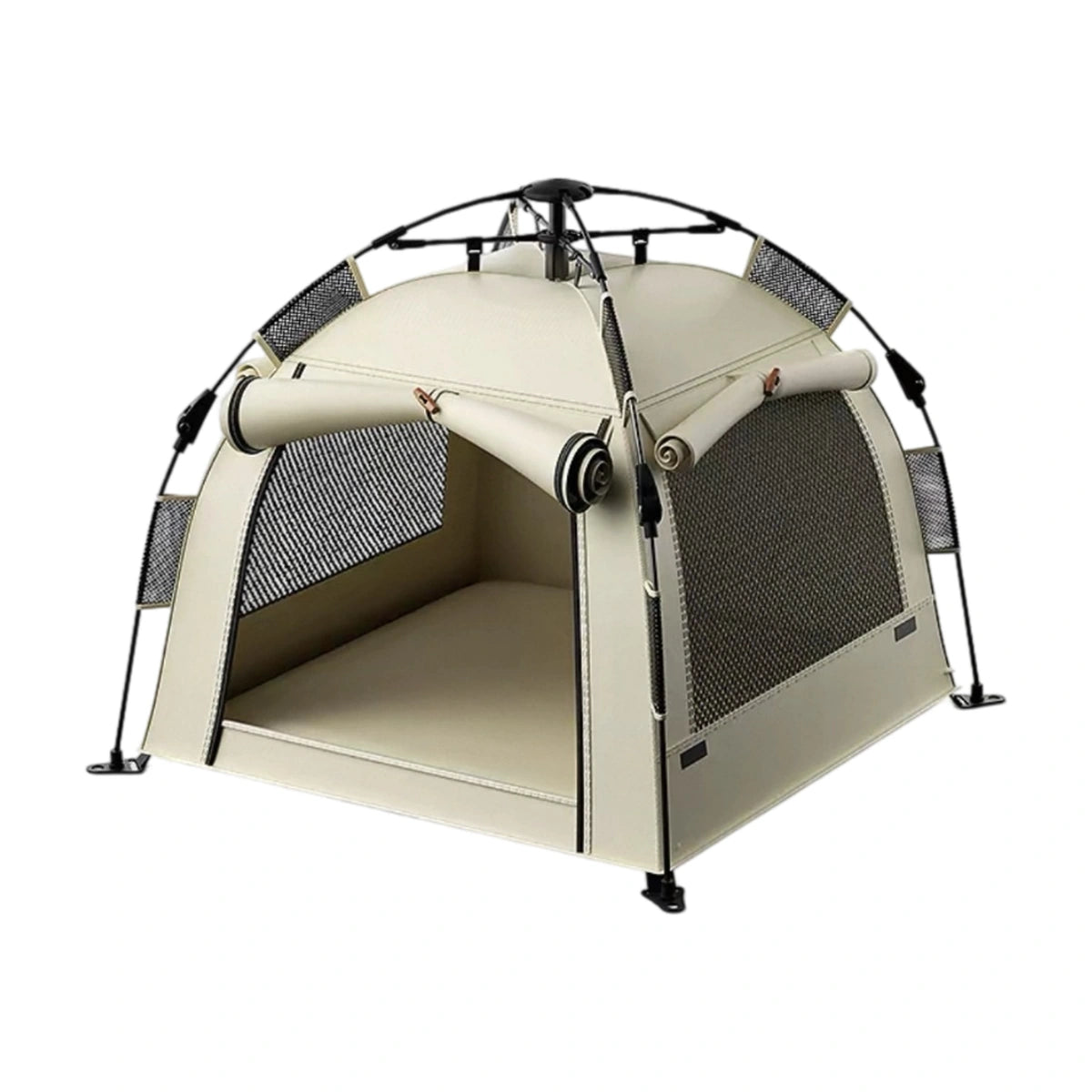 POPOCOLA dog tent: assembled beige dog tent with mesh panels