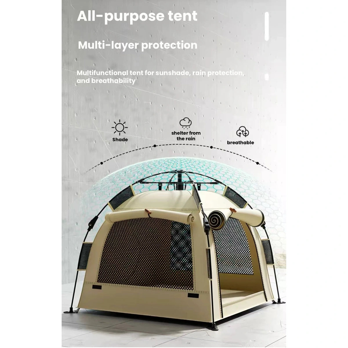 POPOCOLA dog tent: beige tent ventilation and sun-shade diagram